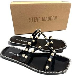 Steve Madden Nonii Womens Sz 9 Jelly Pearl Bling Rhinestone Slide Sandals Black